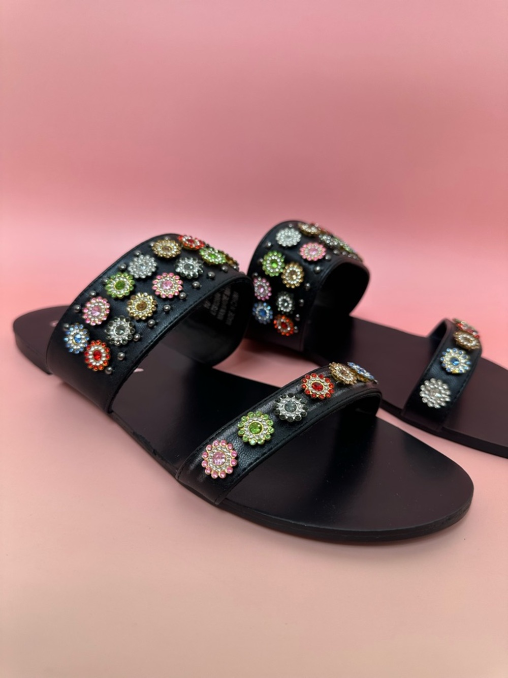 Cape Robbin Black Jeweled Floral Slide Sandals Rhinestone Slip-On Flats